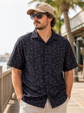 Bixby Nomad Men’s XXL Black Pink Shark Print Short Sleeve Button Shirt